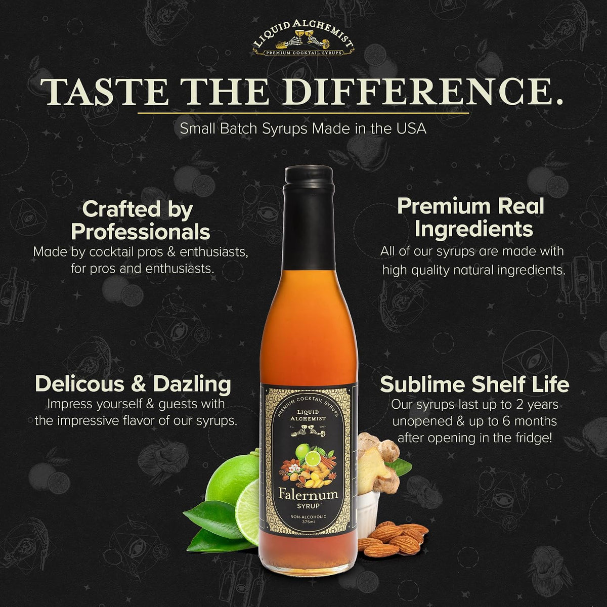 Liquid Alchemist Falernum Syrup for Cocktails | Real Ingredients Make our Falernum Cocktail Syrup a Great Mixer for any Tiki Drink | Small Batch, Non-GMO &amp; Vegan | 12.7 oz Drink Mixer, Pack of 1