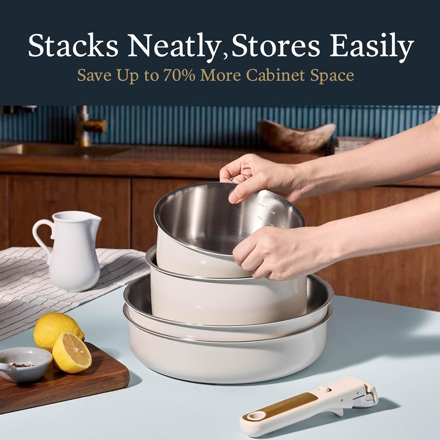 CAROTE 21pcs Tri-Ply Stainless Steel Cookware Set with Detachable Handle | Pots and Pans Set, Even Heating, Non-Toxic, I
