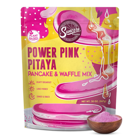 Suncore Foods Power Pink Pitaya Pancake &amp; Waffle Mix 20oz | Plant-Based | Natural Pink Color Red Dragon Fruit Pancake, Waffle &amp; Crepe Mix, Vegan, For Breakfast &amp; Desserts, Non-Dairy, Resealable Pouch