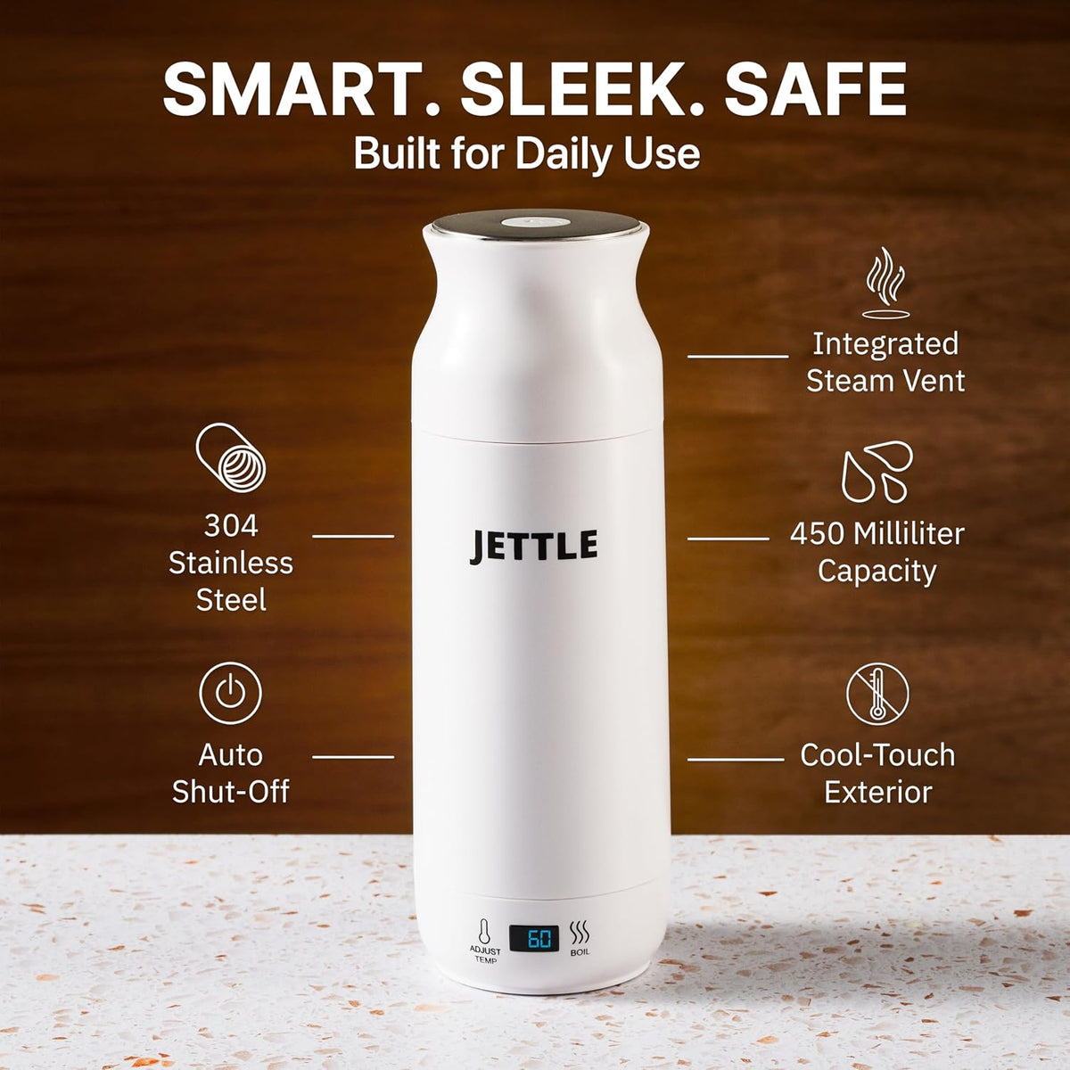 Jettle Portable Electric Kettle, 450ml Travel Water Boiler with LED, White | 304 stainless steel interior, 12 temperature settings, auto shut-off, dry-boil protection, ideal for coffee, tea and travel