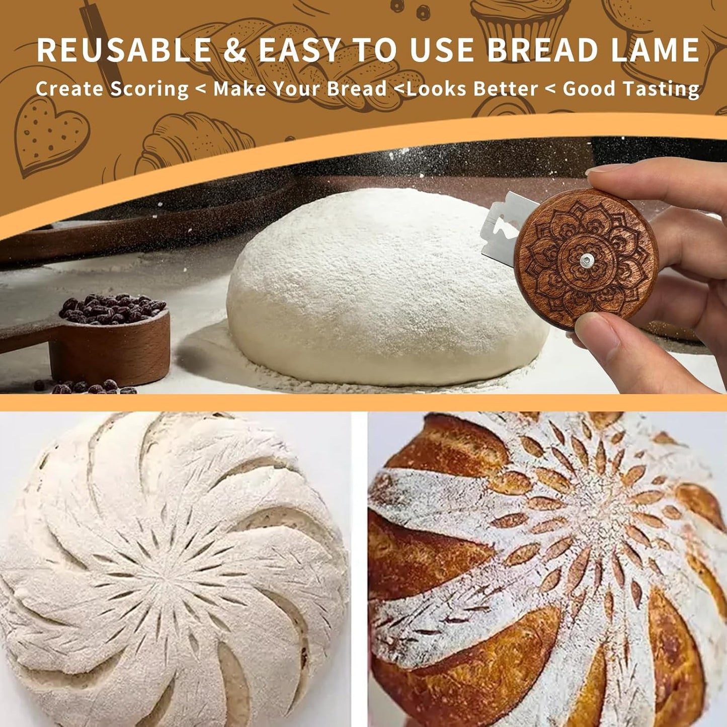 Bread Lame Sourdough Scoring Tool,Wooden Lame Bread Scoring Tool with 5 Razor Blades and Leather Storage Cover,UFO Bread Lame Dough Scoring Tool for Bread Baking