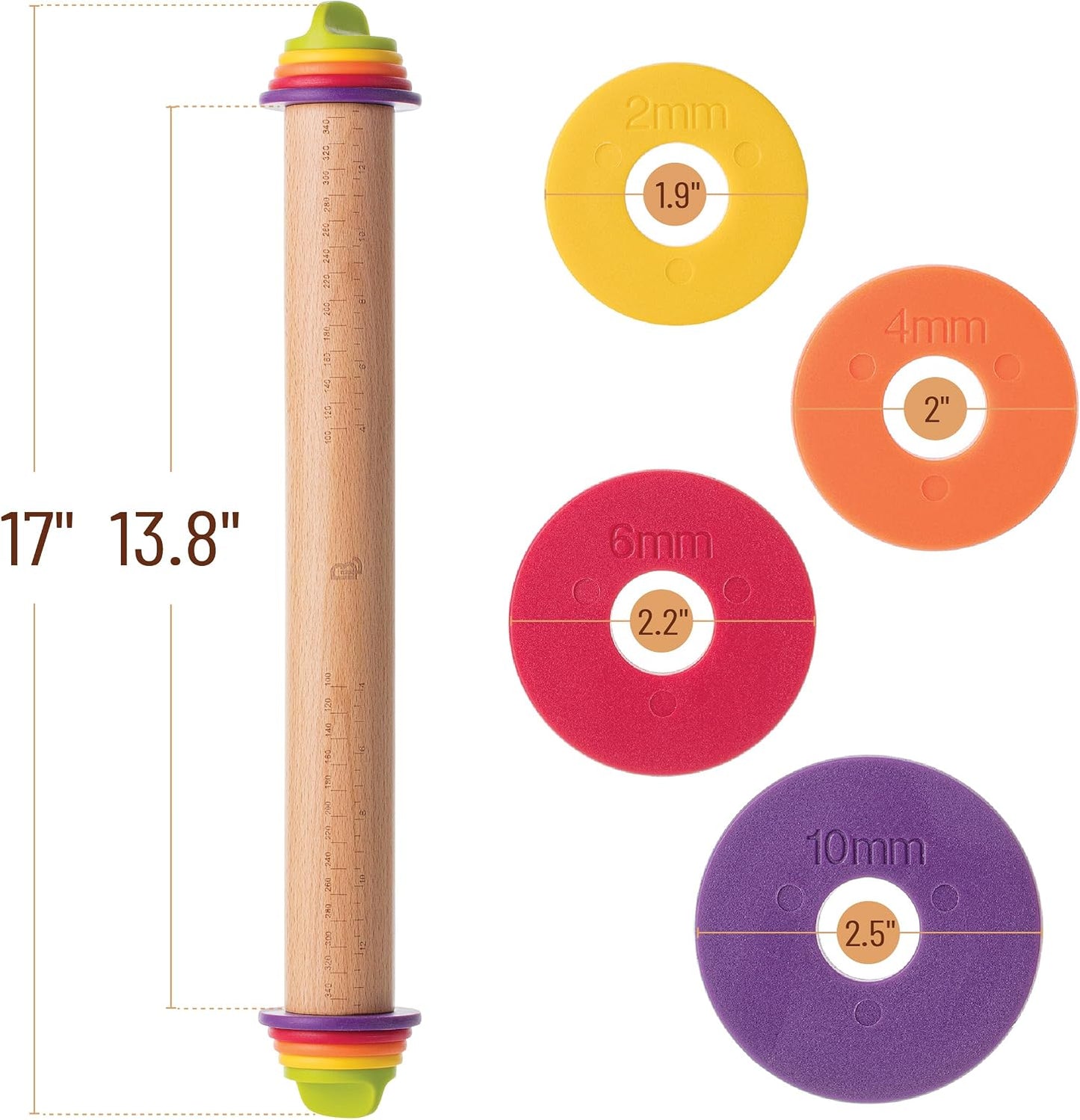 Adjustable Rolling Pin with Thickness Rings, 13.8", 4 Rings
