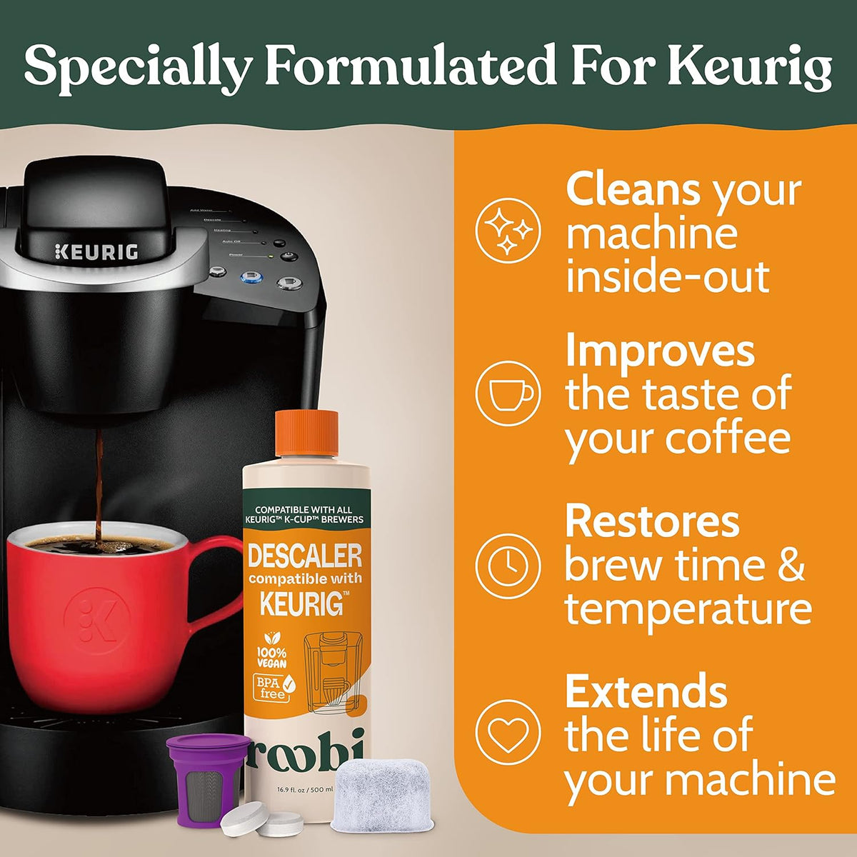 Roobi Keurig Compatible Descaling Solution &amp; Cleaning Kit | 500ml Keurig Descaler, 12 Cleaning Tablets, 1 Reusable Pod, 6 Water Filters, Carbon Neutral, 1 Year Supply
