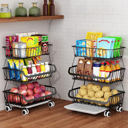 3-Tier Rolling Pantry Floor Organizer, Stackable Pantry Storage Cart with Wheels, Metal Wire Pantry Baskets, Kitchen Fruit