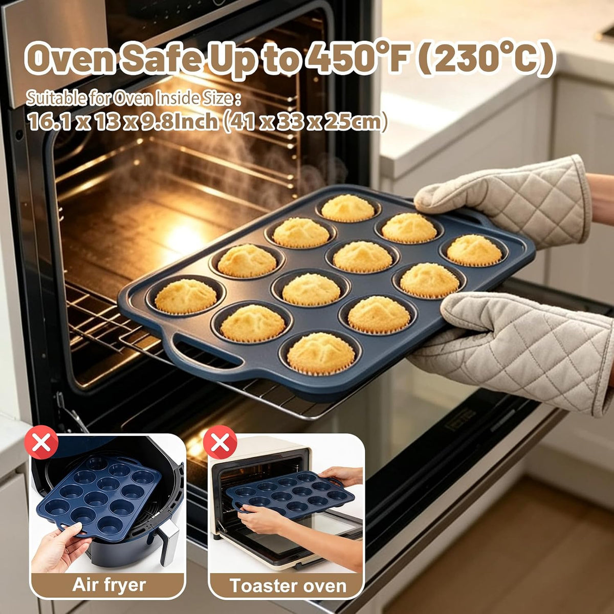 2 Pack Silicone Muffin Pan 12 &amp; 24 with Frame Non Stick Cupcake Baking Tin
