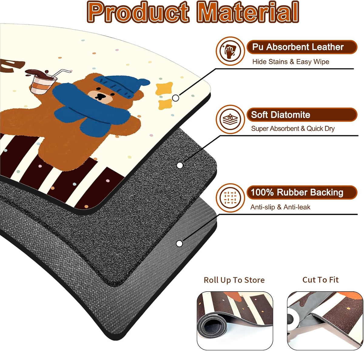 Coffee Bar Mat for Espresso Machine, 12" X 20" Dish Drying Mat for Kitchen Counter, Quick Dry Waterproof and Stain-Resistant Countertop Protector for Coffee Maker, Cups &amp; Dishes, Bear Coffee