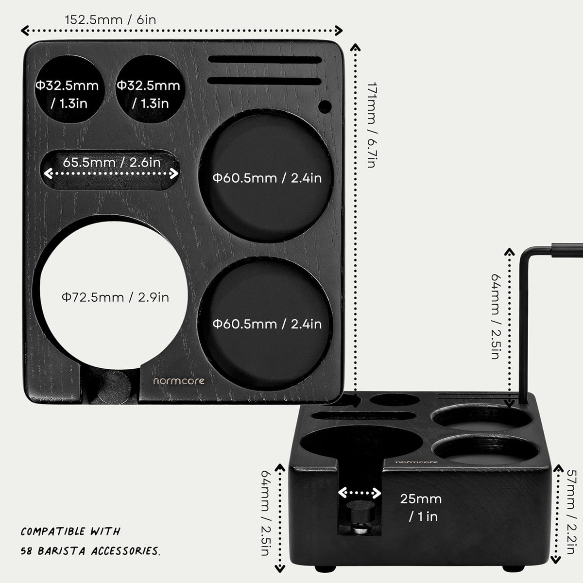 Normcore Espresso Tamping Station, Genuine American Black Ashwood, Coffee Tamper, Distributor, WDT, Puck Screen, Portafilter Holder Stand, Solid Black Ashwood for 58mm Espresso Machine Accessories