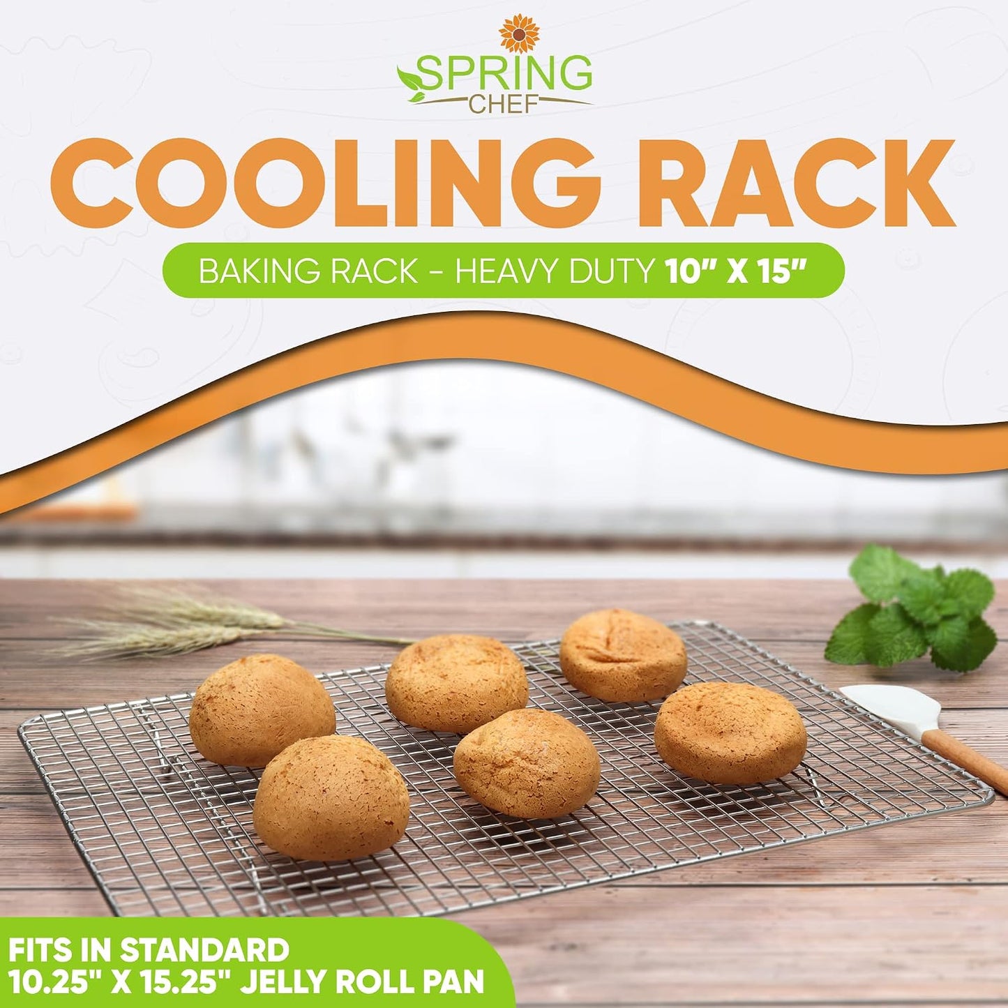 Spring Chef 10" x 15" Stainless Steel Cooling Rack for Cooking &amp; Baking | Heavy Duty Cookie Cooling Rack for Kitchen, Oven Safe Wire Rack for Baking, Fits Jelly Roll Pan, Dishwasher Safe
