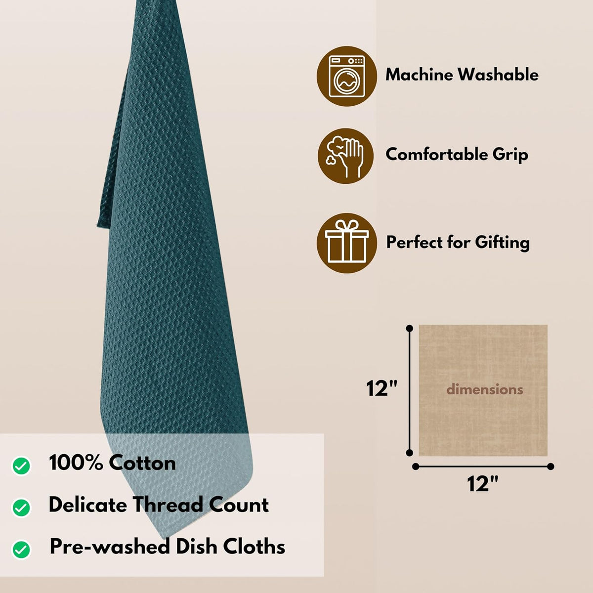 Native Fab 6 Pack Waffle Dish Cloths - 100% Cotton Absorbent, Quick Drying &amp; Soft Towels for Cleaning, Cooking &amp; Baking - Ideal for Home, Restaurants &amp; Cafes - 12x12 Inches - Teal Green