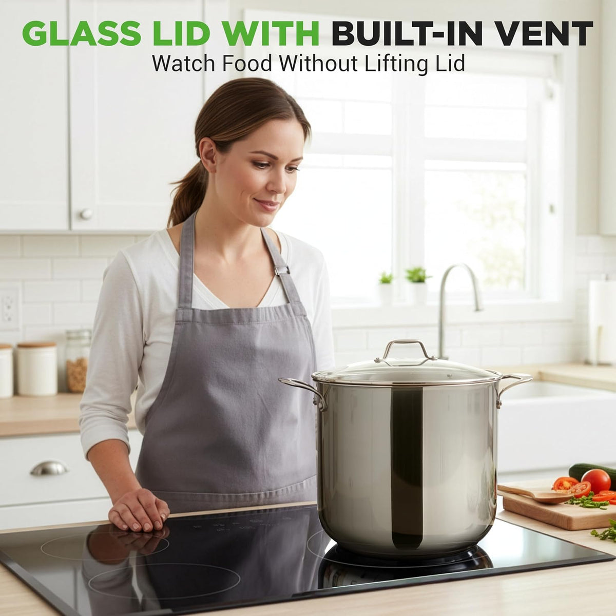 NutriChef 15-Quart Large Stainless Steel Stock Pot with Tempered Glass Lid - Induction Compatible Stockpot, Ideal for Stews & Soups, Dishwasher Safe