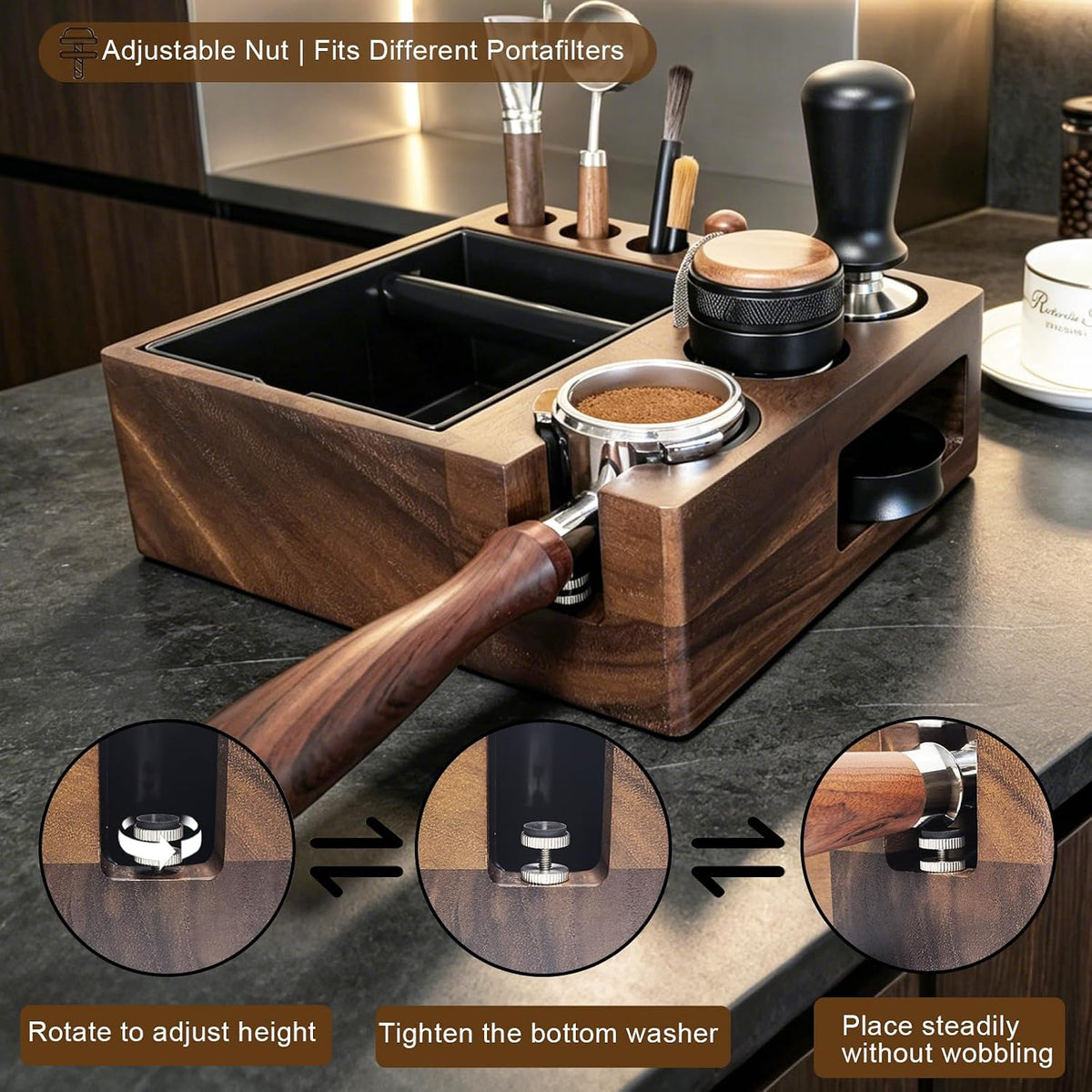 Espresso tamping station knock box,tamper station,Espresso station fit for storage 51-58mm tamper,distributor,portafilter,puck screen accessories,9 in 1 espresso knock box and tamper station