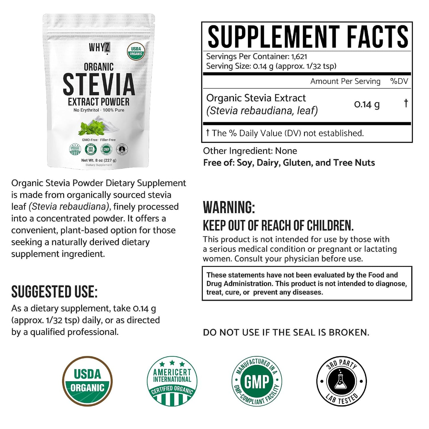 Organic Stevia Powder, 227g, Zero Calorie Pure Stevia Sweetener for Drinks, Powder for Baking and Beverages - No Aftertaste, Non-GMO, Keto Friendly Sugar Alternative, Concentrated Powder, 1600+ Servings