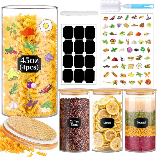 Glass Storage Jars 45 oz 4 Pcs Clear Glass Food Storage Containers with Airtight Bamboo Lid Stackable Kitchen Canisters for