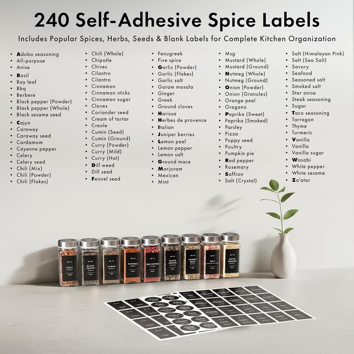 Glass Spice Jars with Labels and Steel Lids (24 x 4oz) Spice Containers with 240 Label, Steel Funnel, Shaker Inserts, Empty Square Seasoning Organizer for Spice Rack, Cabinet, Drawer