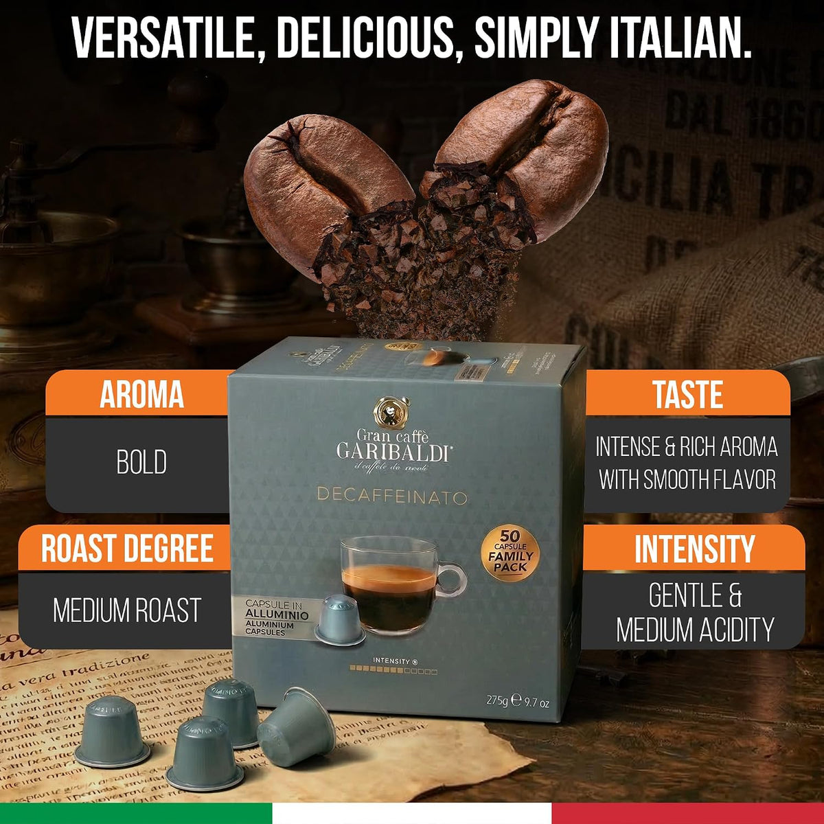 Gran Caffè Garibaldi Espresso Pods, Decaffeinato, 50Count | Italian Roasted Coffee, Decaf Capsules, Intense &amp; Rich Aroma - 50 Aluminum Cups