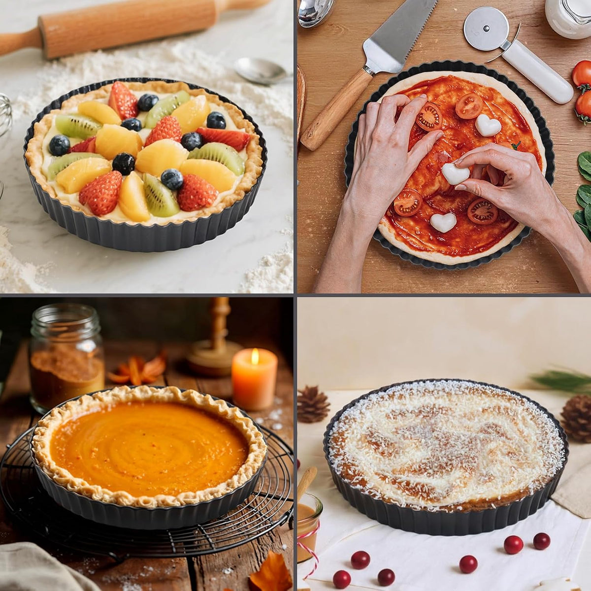 8.6" Fluted Non-Stick Carbon Steel Tart Pan with Removable Bottom | Easy Release Removable Bottom, For Tarts Pies Quiches Fruit &amp; Brownies, Easy to Clean, Multipurpose Bakeware