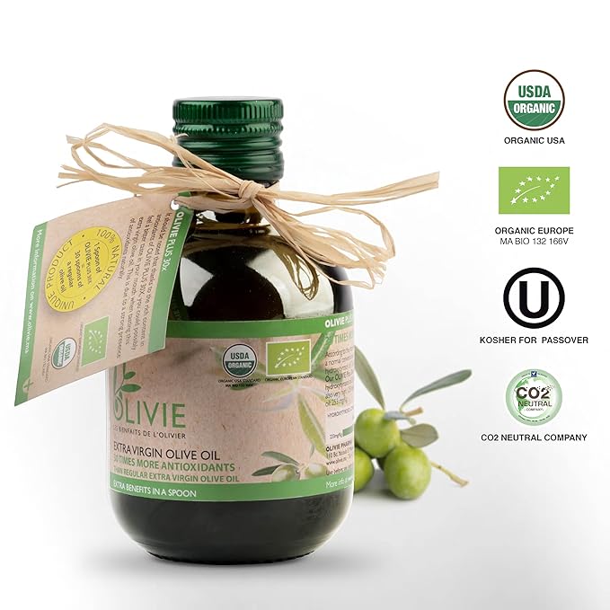 Organic High Polyphenol Rich Extra Virgin Olive Oil OLIVIE PLUS 30X | Moroccan Desert Olive Oil | EVOO | Organic, Kosher | 250 ml Glass Bottle