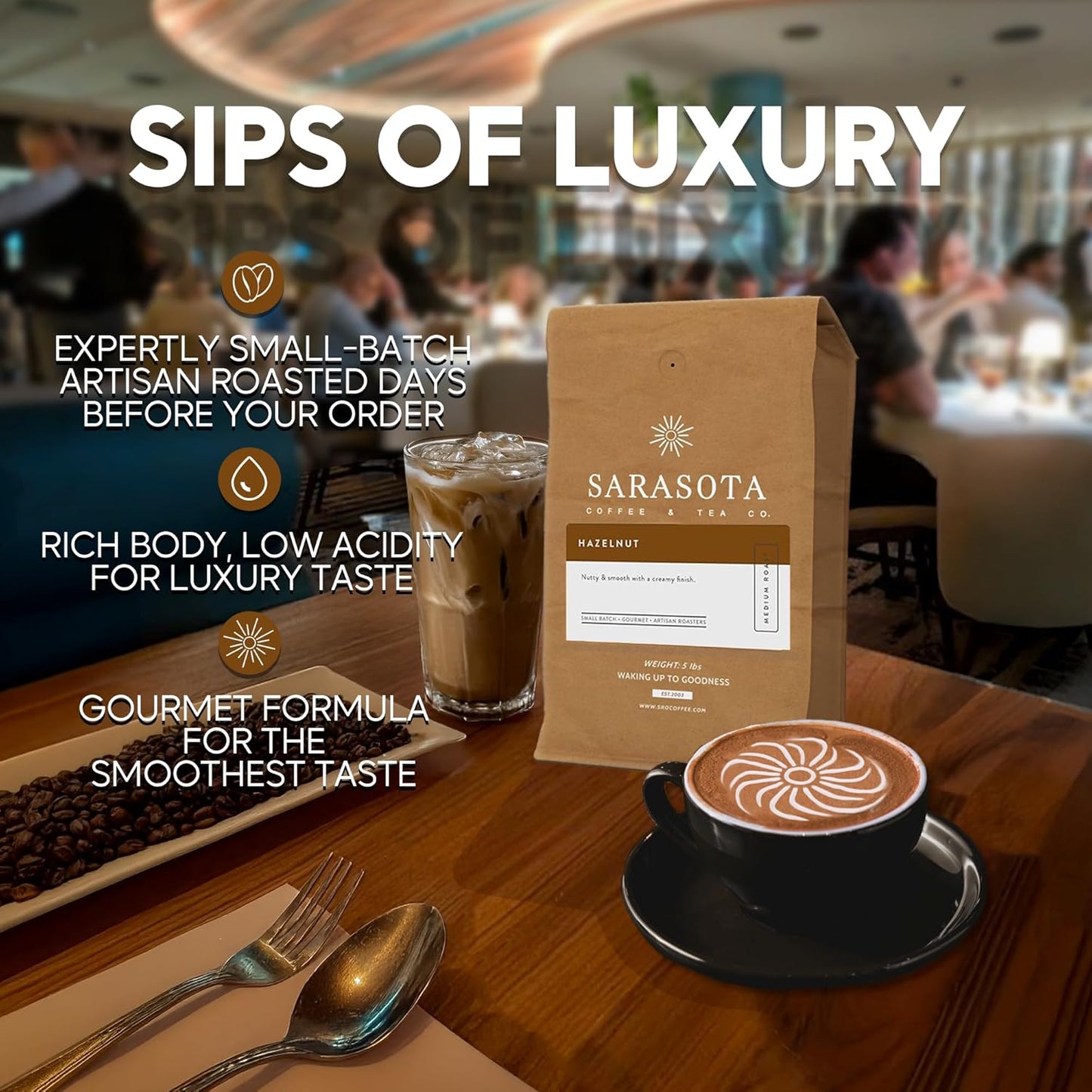 Sarasota Coffee Whole Bean Hazelnut | Medium Roast Gourmet Flavored Coffee Beans | Low Acid, Mold Free, Specialty Grade Bulk Beans | 5lb (80 oz)