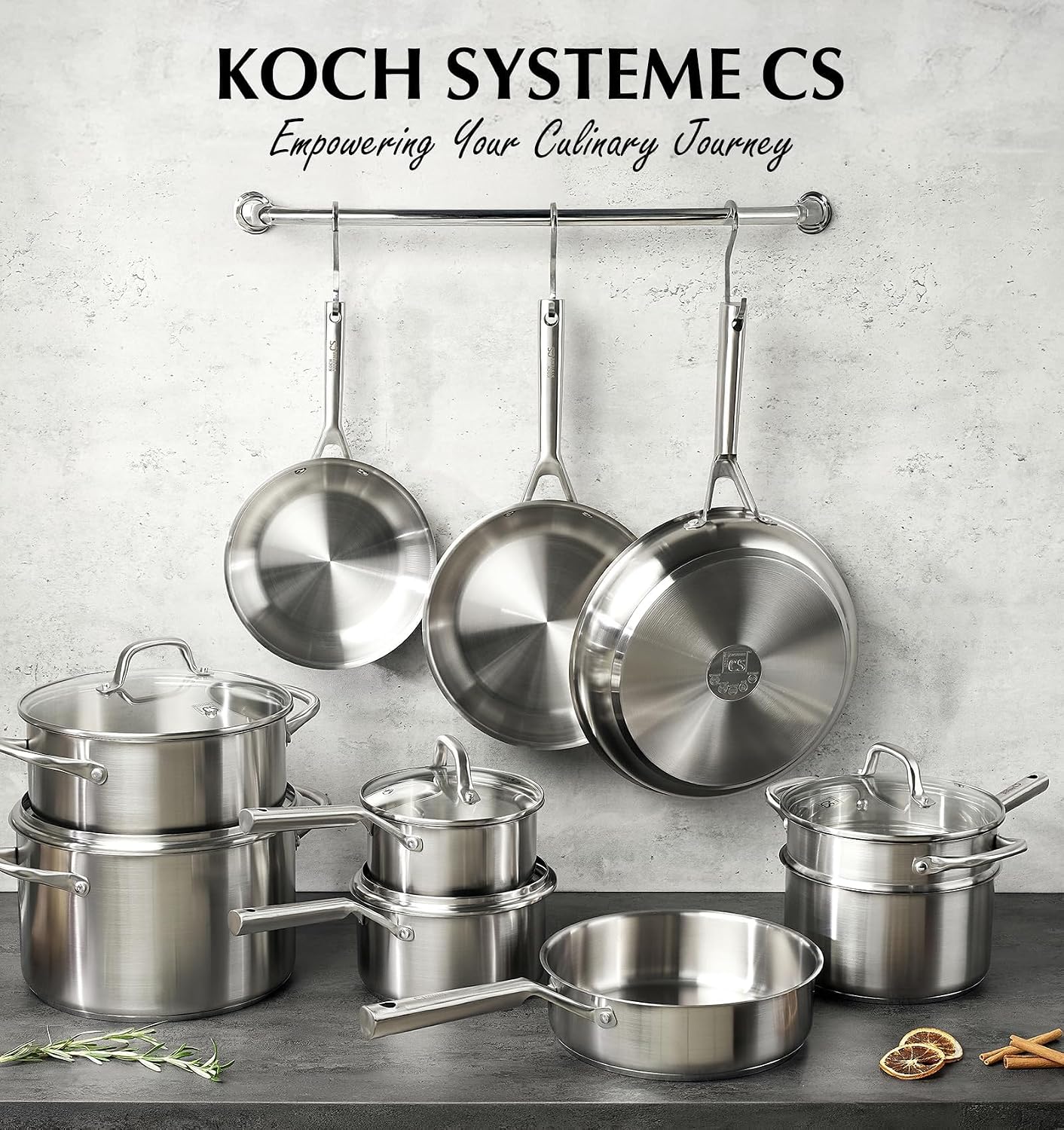 KOCH SYSTEME CS Stainless Steel Cookware Set 17 Piece with 5 Layer Base, Professional 18/10 Stainless Steel Pots and Pan