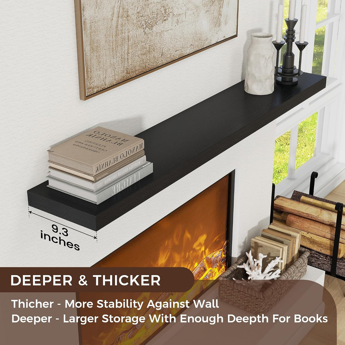 Venusmiles Floating Shelves for Wall, Engineered Wood Wall Shelves with Invisible Brackets for Living Room Bedroom Bathroom Office Kitchen Decor and Storage (Black, 72" W x 9" D x 1.5" H) Set of 1