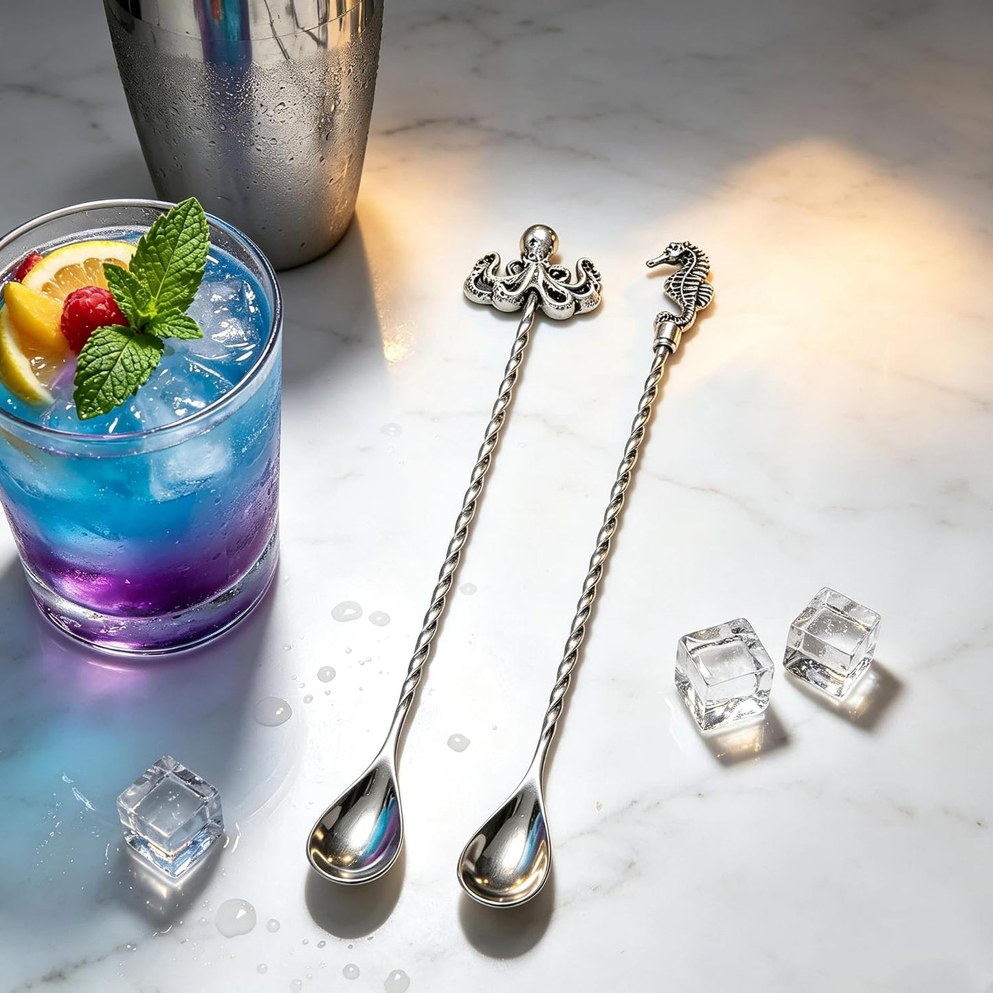 Homestia 12'' Bar Spoon, 2 Pcs Cocktail Spoon with Octopus Seahorse Decor | Dirty Soda Bar Supplies, Stainless Steel Coffee Bar Use, Mixing &amp; Layering Drink Stirrer, Long Spoon for Bartending Stirring