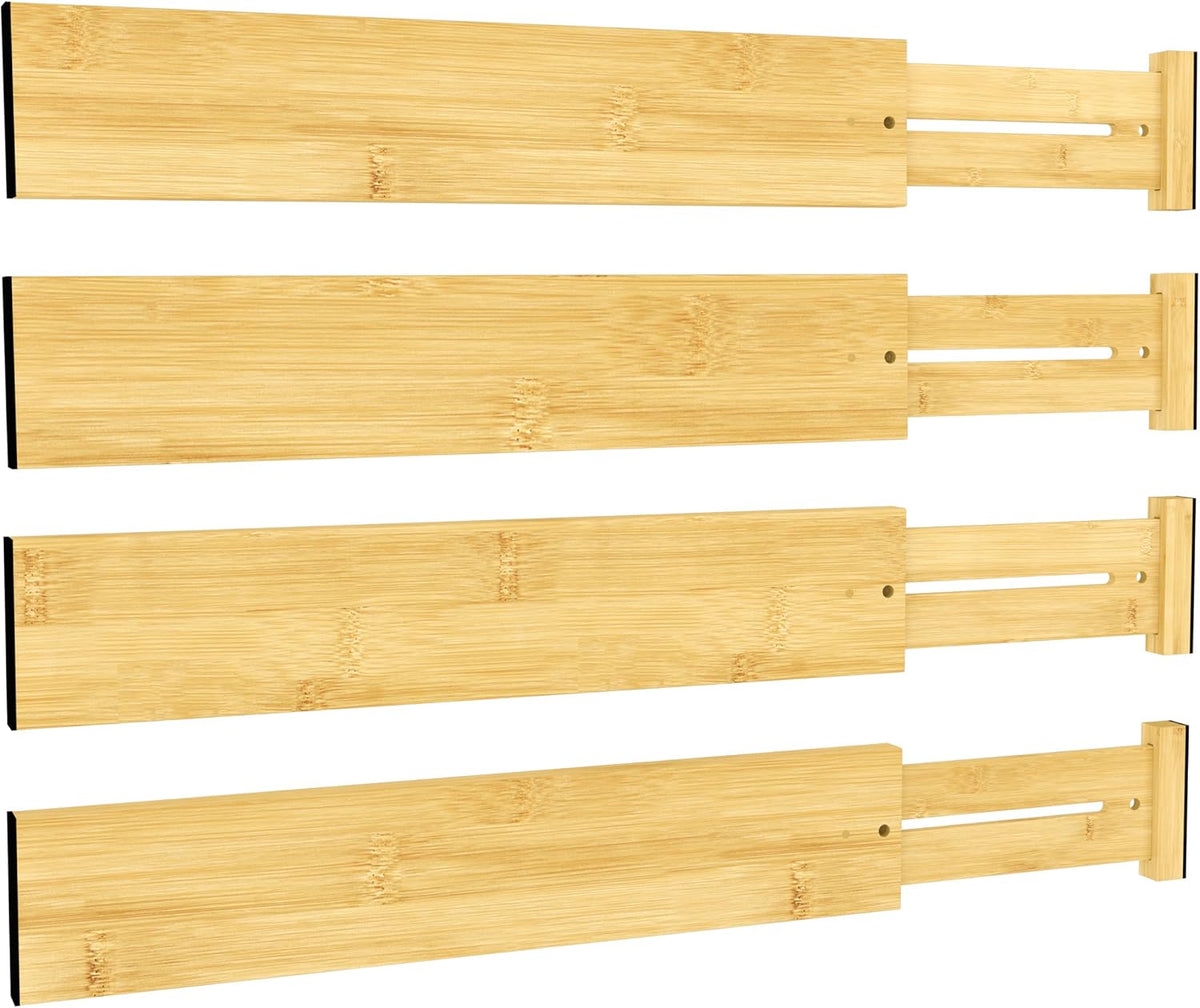 BAMEOS Bamboo Expandable Drawer Dividers – Fits 16.65"–22" Drawers, 3" Deep Walls, Set of 4 | Taller Spring-Loaded Separator Keeps Items Upright in Kitchen &amp; Dresser Drawers