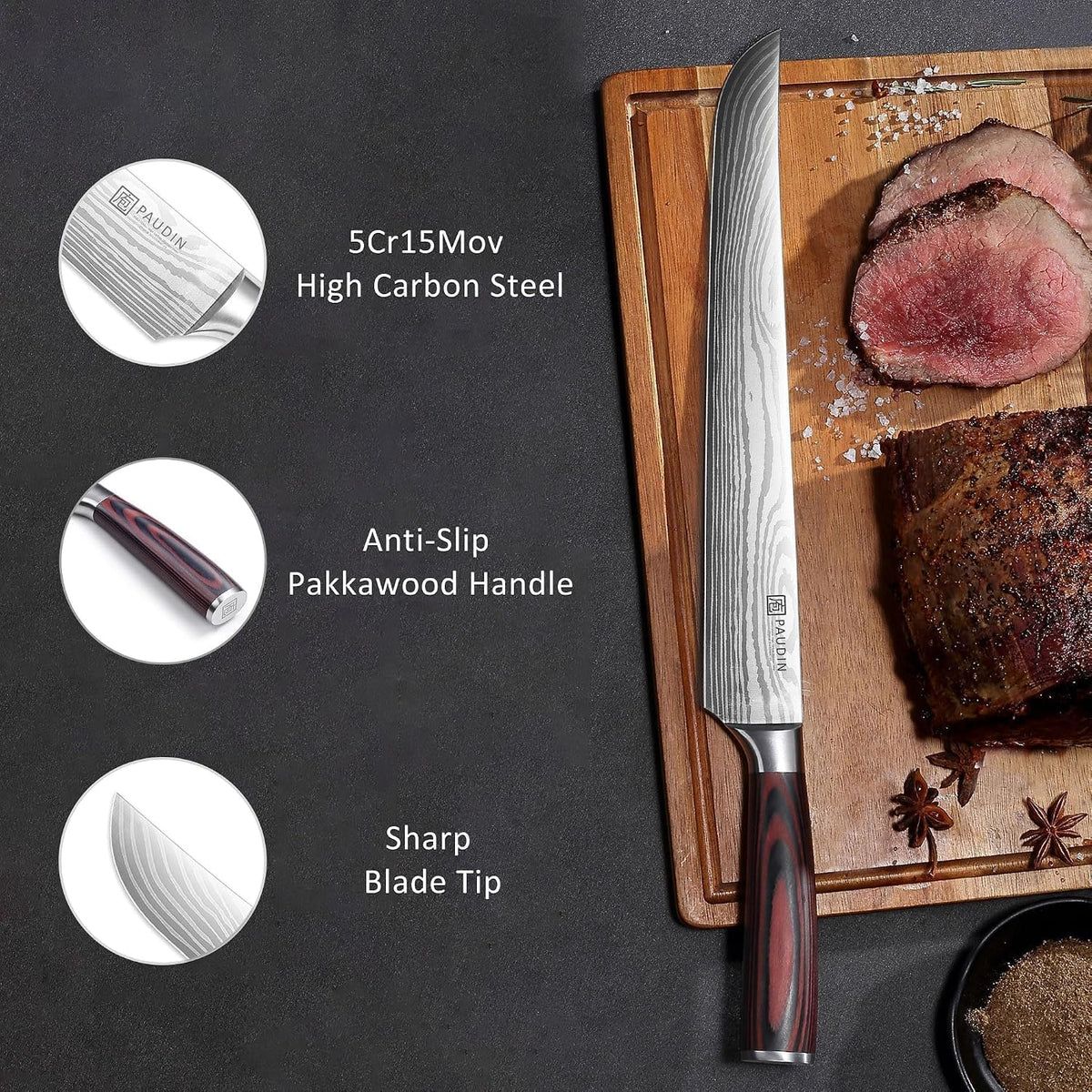 PAUDIN 12" Brisket Knife, Razor-Sharp Edge Slicing Knife for Brisket Meat