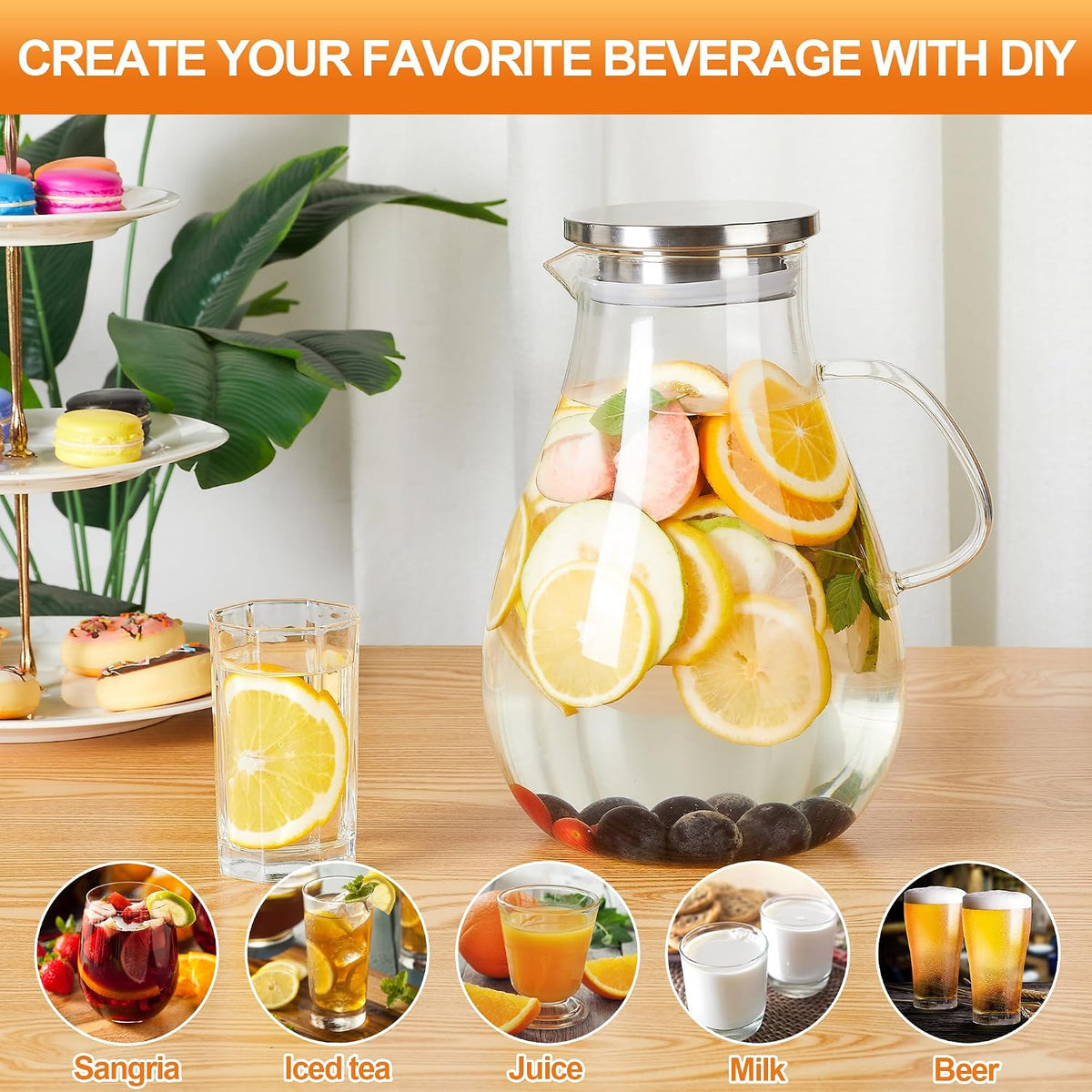 1 Gallon Glass Pitcher with Lid and Handle, Hot &amp; Cold Water Jug, Extra-Wide Mouth Beverage Carafe for Juice, Iced Tea &amp; Drinks