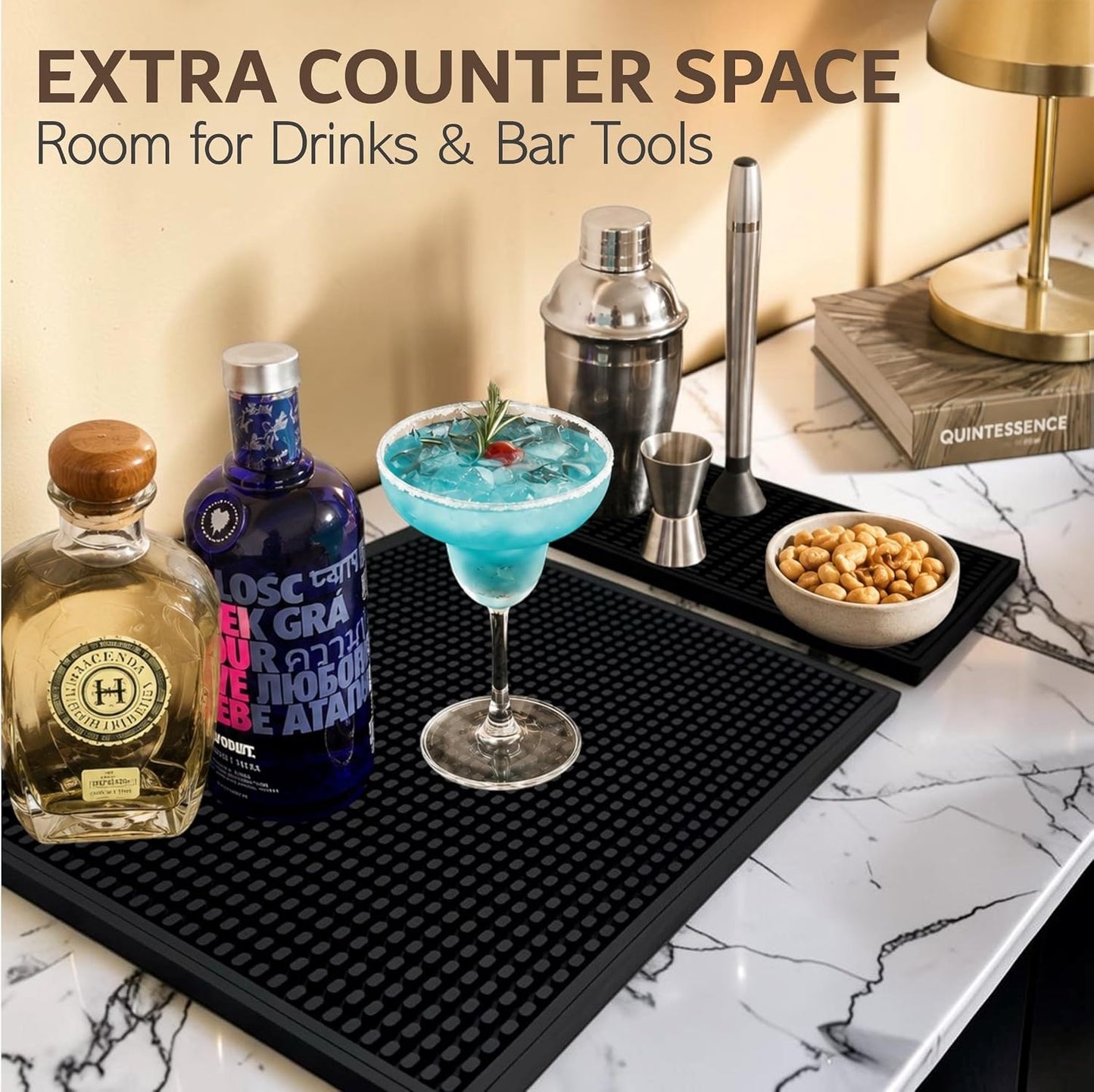 Rubber Bar Mat – Non-Slip Spill &amp; Drip Mat for Bartending, Coffee Bar &amp; Kitchen Countertop, Thick Durable Counter Protector &amp; Stylish Drying Mat (Total Black, 18"x12")