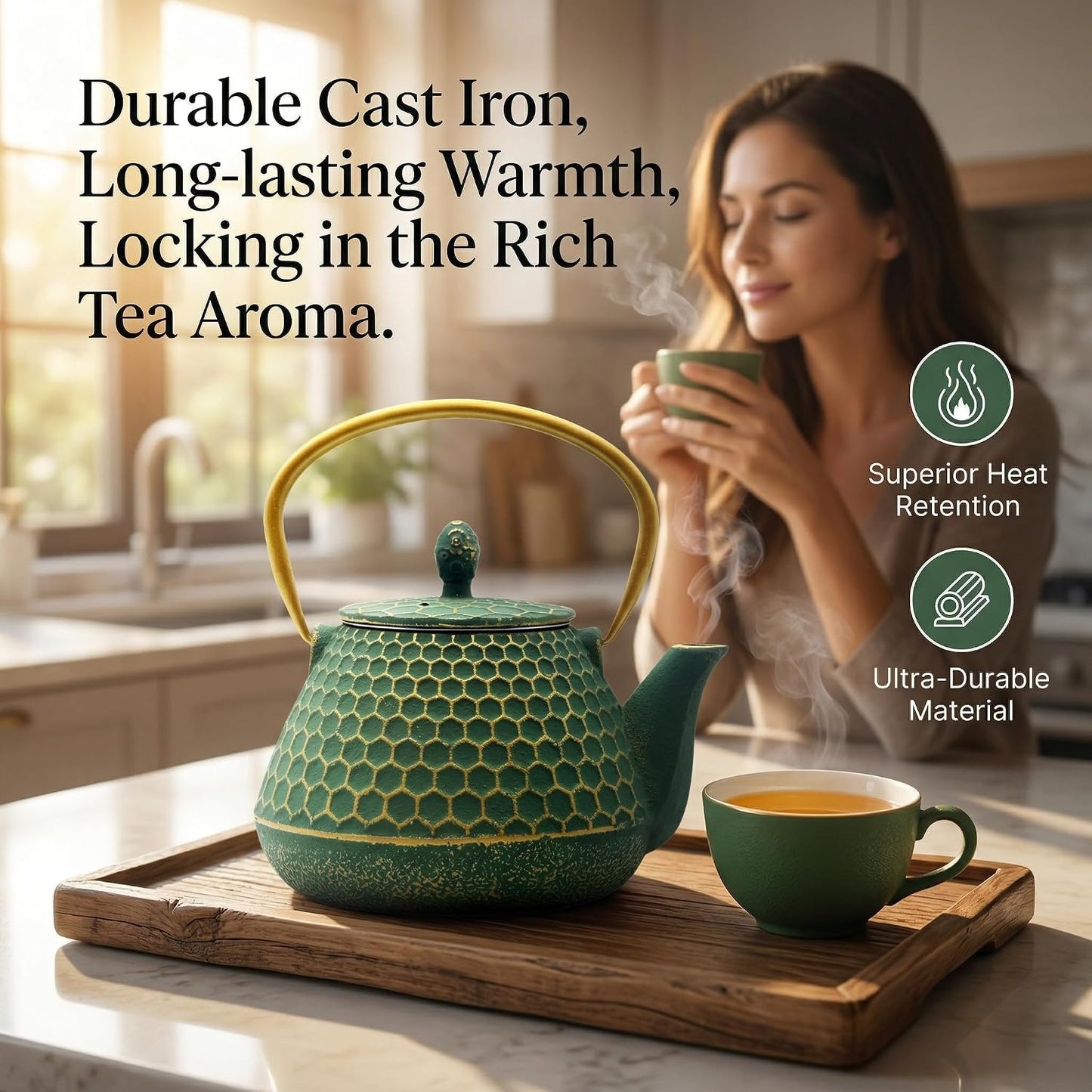 YJX 34oz Cast Iron Tea Kettle for Stovetop, Green Tea Pot for Loose Tea