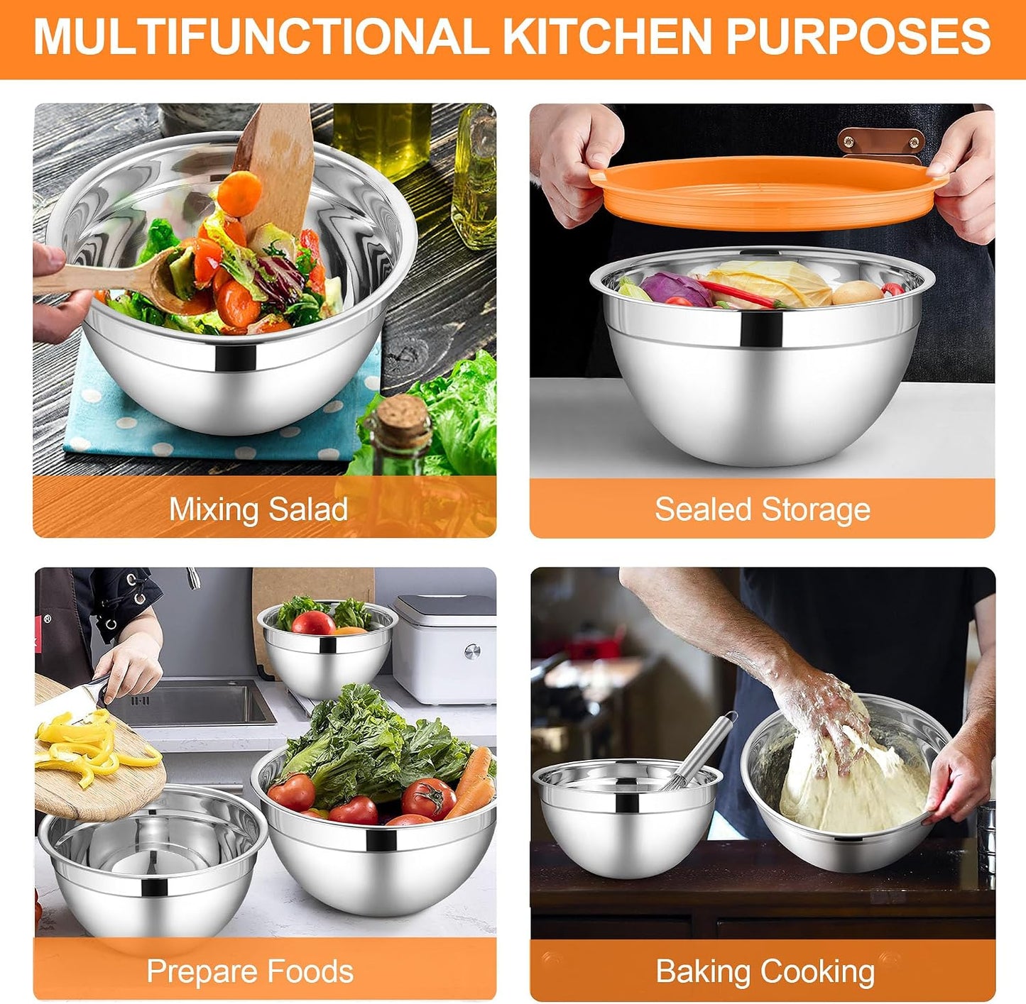 LIANYU Mixing Bowls with Lids Set, Large 7 &amp; 3.5 &amp; 2.5 &amp; 2 &amp; 1.5 &amp; 1QT | 6 Piece Stainless Steel Serving Bowls, Kitchen Metal Nesting Bowl for Cooking, Food Storage, Dishwasher Safe, Multi-Color