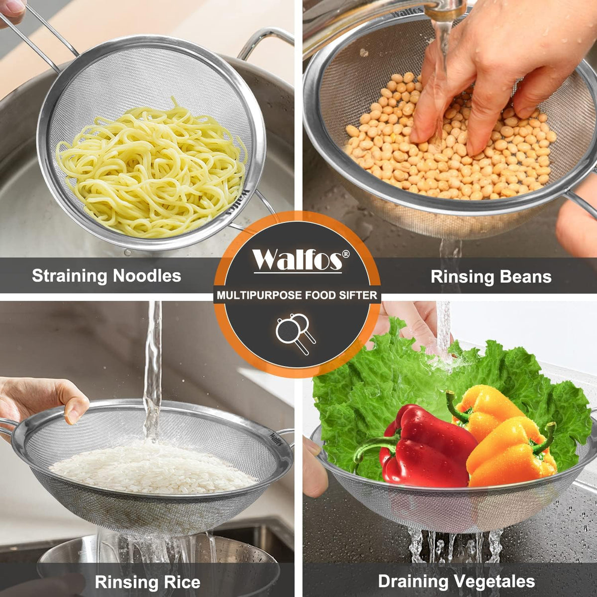 Walfos 8.6 Inch Large Fine Mesh Strainer, Kitchen Metal Food Strainers with Sturdy Handle, Stainless Steel 30 Mesh Sieve Sifters for Rice, Quinoa, Pasta, Fruits, Vegetables, etc.