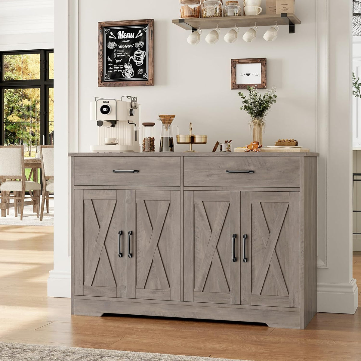 HOSTACK 47" W Kitchen Sideboard Buffet Cabinet with Storage Drawers, Grey