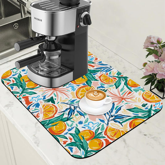 Dish Drying Mat Fruit Orange and Leaves Coffee Bar Mat for Countertop Absorbent Coffee Mat Rubber Backed Hide Stain Dish