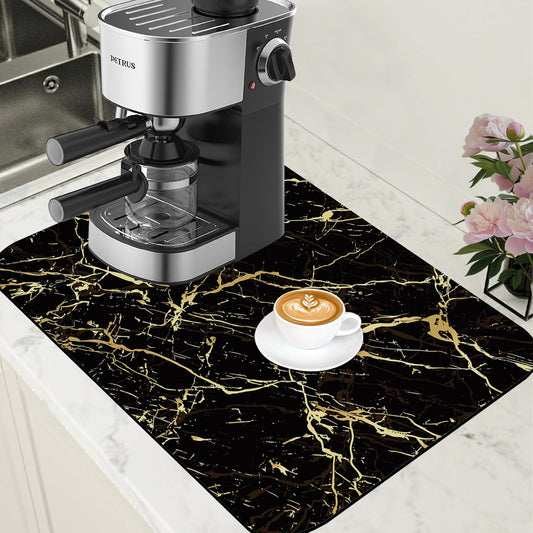 Dish Drying Mat Black and Gold Marble Coffee Bar Mat for Countertop - Absorbent, Rubber Backed, Hide Stain Dish Drainer Rack