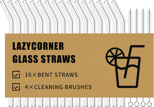 Lazycorner Reusable Glass Straws Set 16 Pcs 8.5''x 10MM Bent Clear Glass Drinking Straws, Set of 16 Bent with 4 Cleaning
