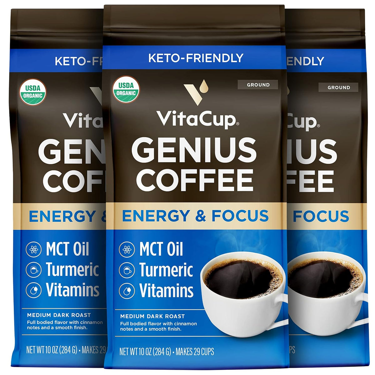 VitaCup Organic Genius Coffee Medium Dark Roast Ground Coffee, 30oz, 3 Bags | 100% Arabica, B Vitamins, D3, USDA Organic, MCT Oil, Turmeric, Coffee Grounds