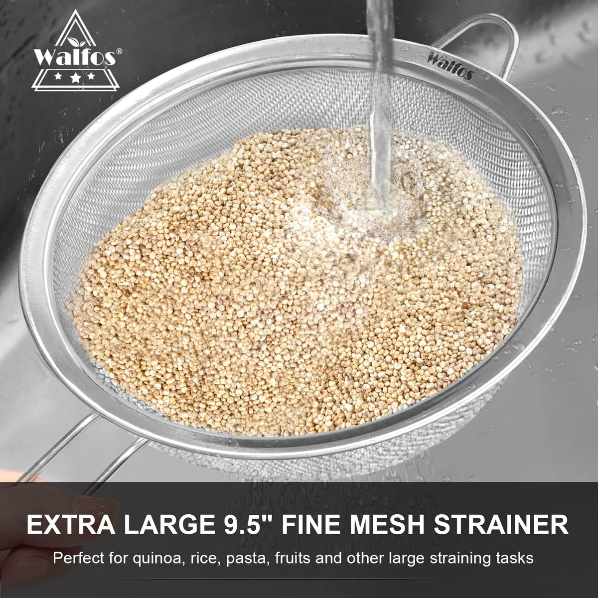 Walfos Large Fine Mesh Strainer 9.35" &amp; 7.8", Stainless Steel Mesh Sieve with Sturdy Handle, Kitchen Metal Food Strainers for Quinoa, Rice, Pasta, Fruits, Vegetables, etc., Set of 2
