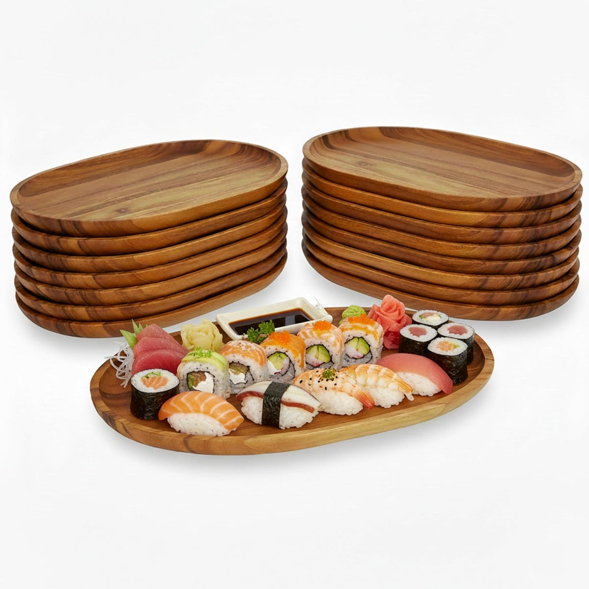 Woodard &amp; Charles Acacia Wood Large Oval Serving Tray, 10" x 15", 16 Pack | Acacia Wood Oval Serving Tray; Perfect for Charcuterie, Cheese, Tapas, Sushi, Crudités and Appetizers at Any Gathering