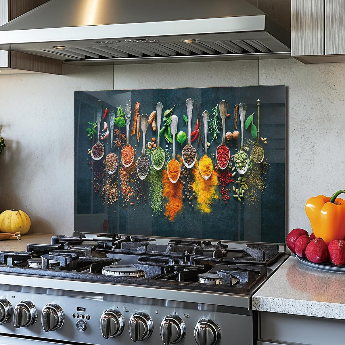 DAIFURONGE Tempered Glass Backsplash for Kitchen,Spice Design,30"x14" | Behind Stove Back Splash Panel Protector, Easy to Clean, Kitchen Wall Decor,One Piece Oven and Range Backsplash