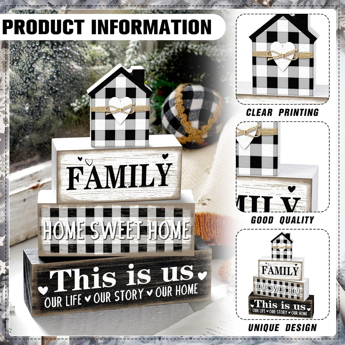 Cinnvoice 4 Pcs Farmhouse Table Decoration Rustic Sign Block,Buffalo Plaid | Home Sweet Home Sign, This Is Us Tabletop Centerpiece, black and White Farmhouse Decor for Home Indoor Kitchen Office Shelf