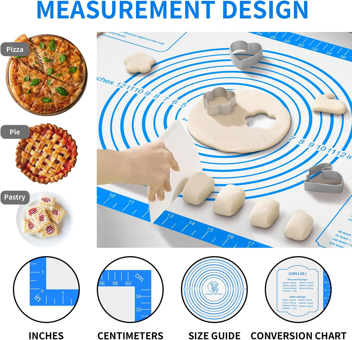 Silicone Pastry Mat for Dough Rolling, Silicone Baking Mat with Measurement for Baking Pie Crust, Pizza &amp; Cookies, Non stick &amp; Non Slip Silicone Mat, Blue 28X20INCH