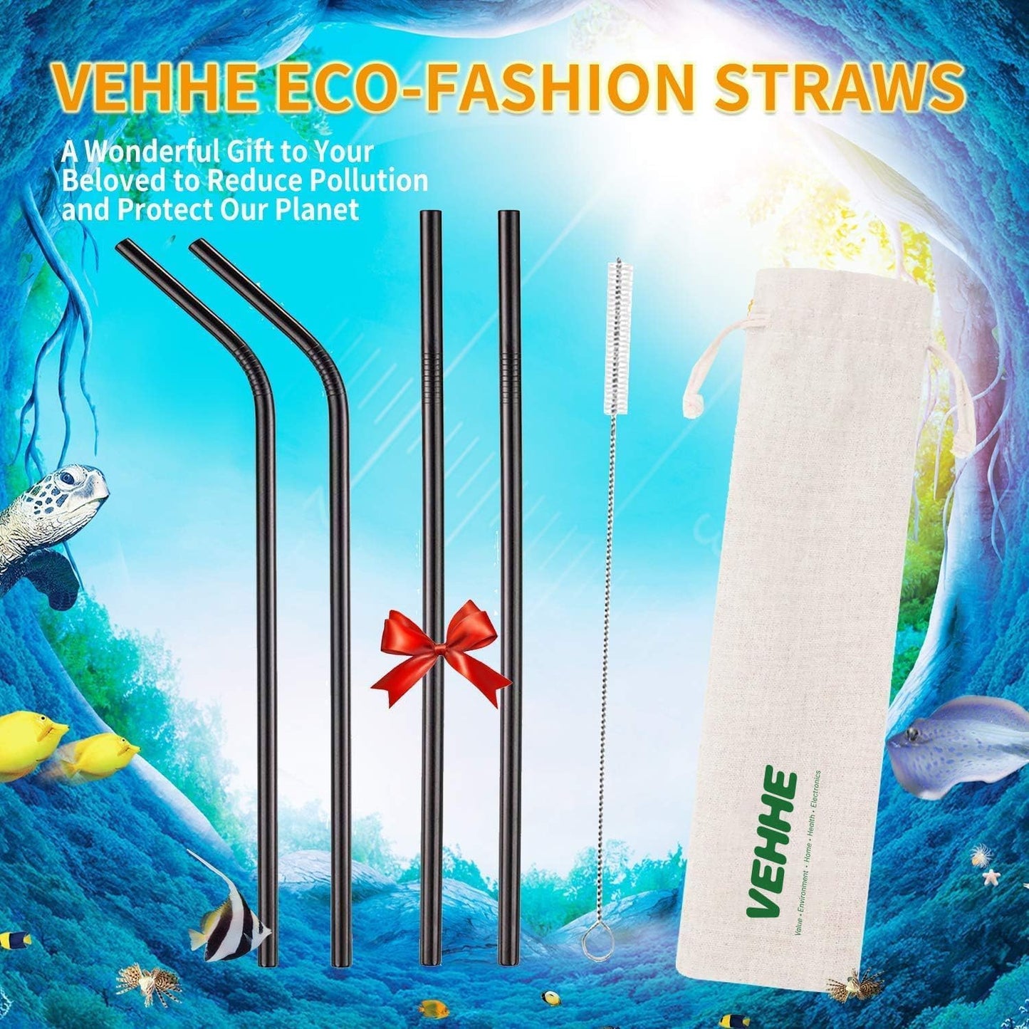 VEHHE Black Metal Straws, Stainless Steel Reusable Straws Set with Brush | 4 Pack 10.5" Extra Long Design Fits Tall Tumblers | 304 Stainless Steel Build | (2 Straight | 2 Bent | 1 Brush)