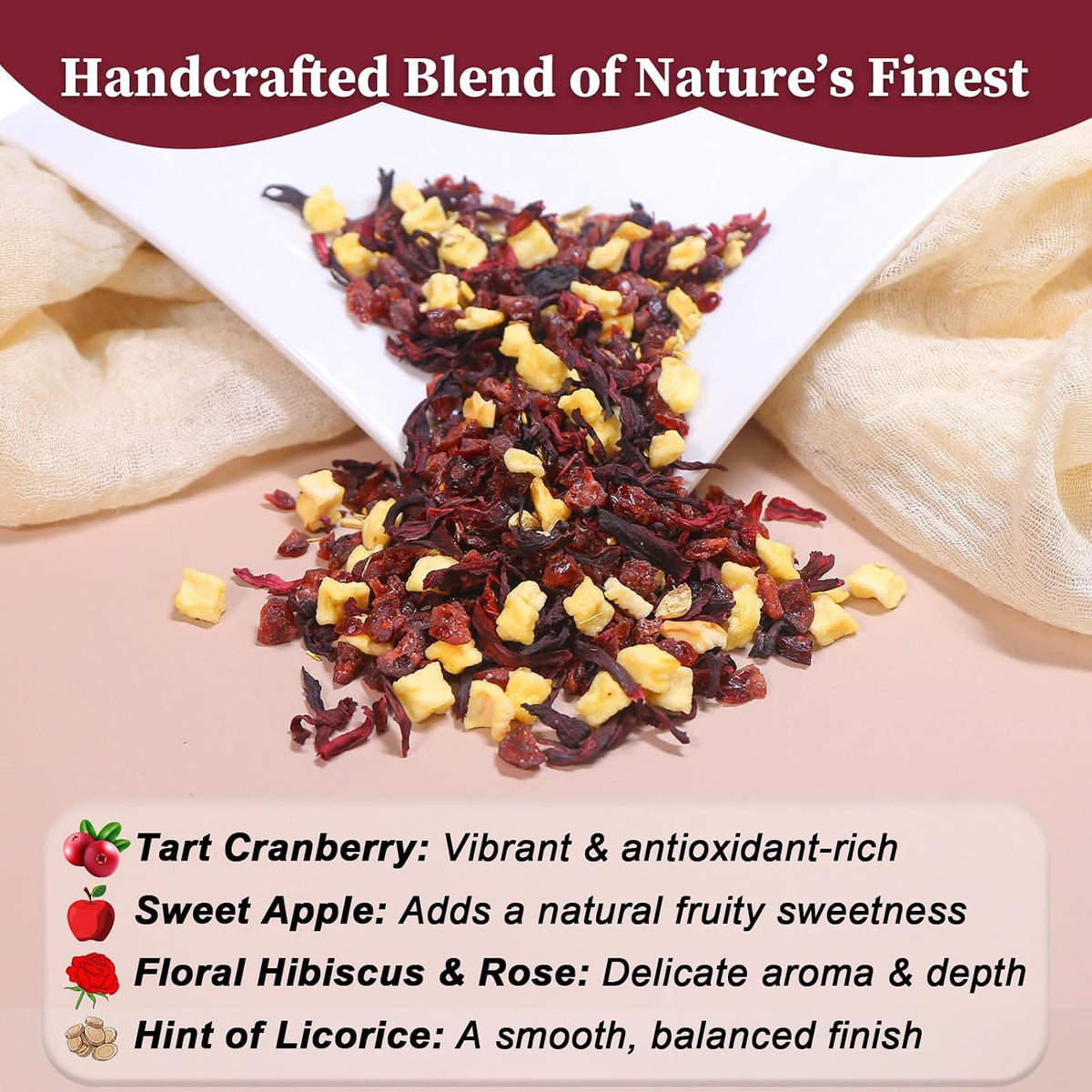 FullChea Cranberry Apple Tea Bags, 45 Counts, Fruit Herbal Blend, Non-GMO | Blended With Apple, Hibiscus, Rose &amp; Licorice, Naturally Sweet Tart Taste, Caffeine-Free, Wellness Support