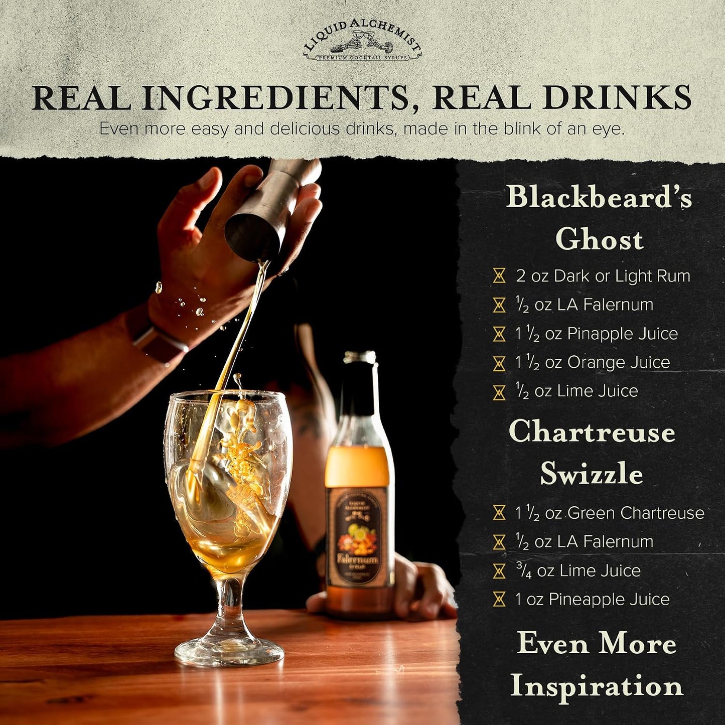 Liquid Alchemist Falernum Syrup for Cocktails | Real Ingredients Make our Falernum Cocktail Syrup a Great Mixer for any Tiki Drink | Small Batch, Non-GMO &amp; Vegan | 12.7 oz Drink Mixer, Pack of 1