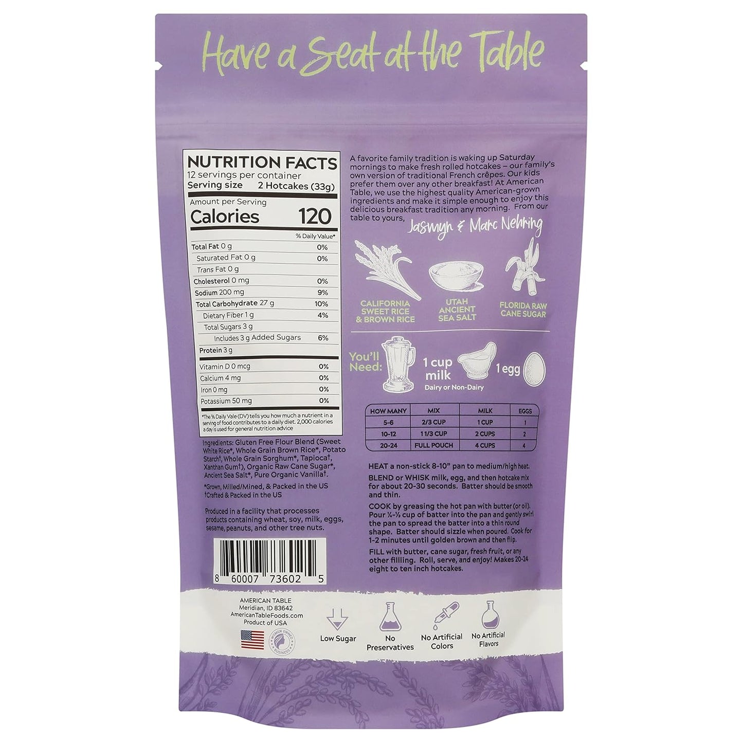 Gluten Free Rolled Hotcakes Crepe Mix by American Table, Made with American-Grown Ingredients &amp; Pure Vanilla, French-Style, Non-GMO, Low Sugar, No Preservatives, Makes 24 Crepes (14 oz, Pack of 1)