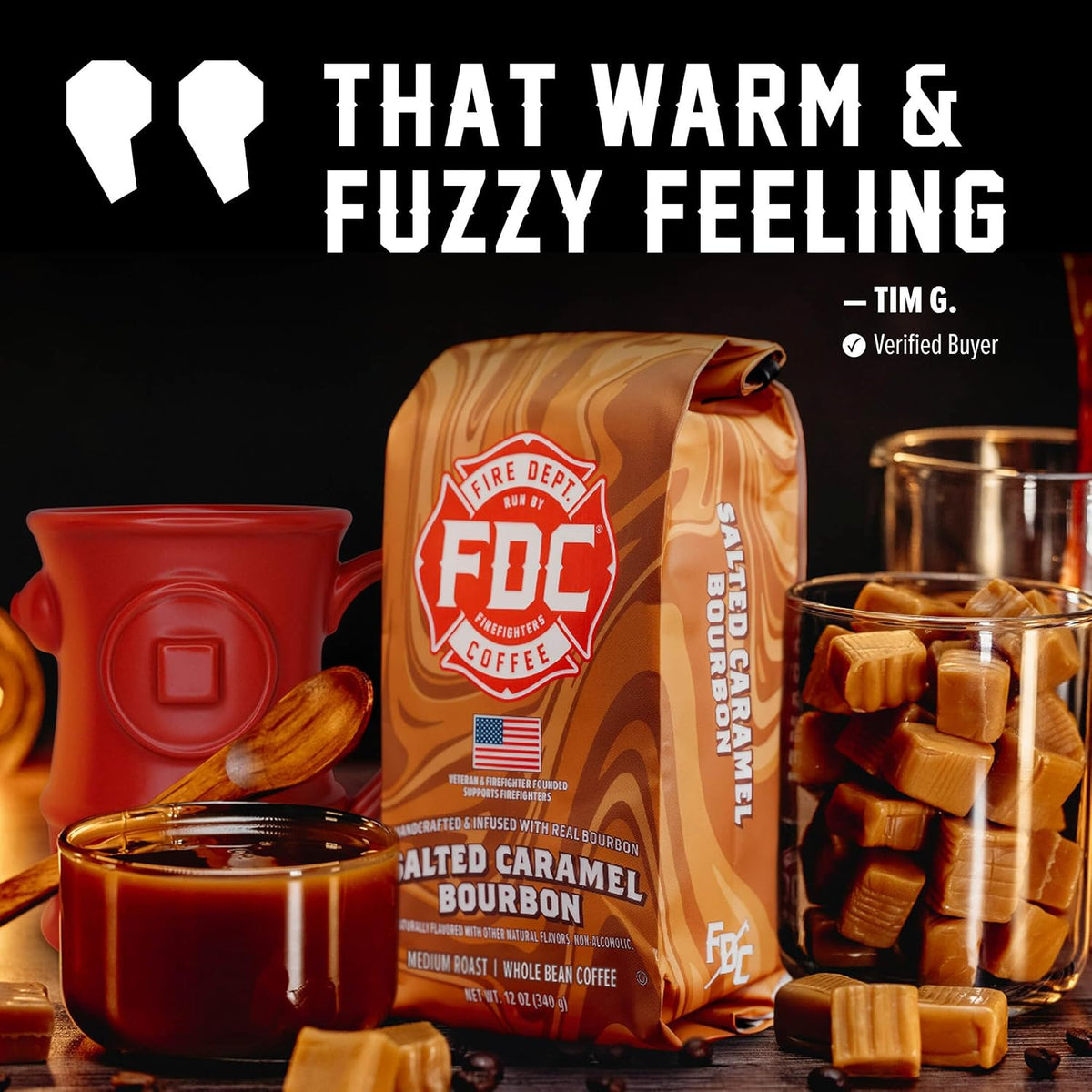 Fire Department Coffee Salted Caramel Bourbon Infused Coffee - 12 oz | Whole Bean Coffee - Gives Back to Firefighters - Medium Roast - Non-Alcoholic - Roasted in the USA - Veteran Owned