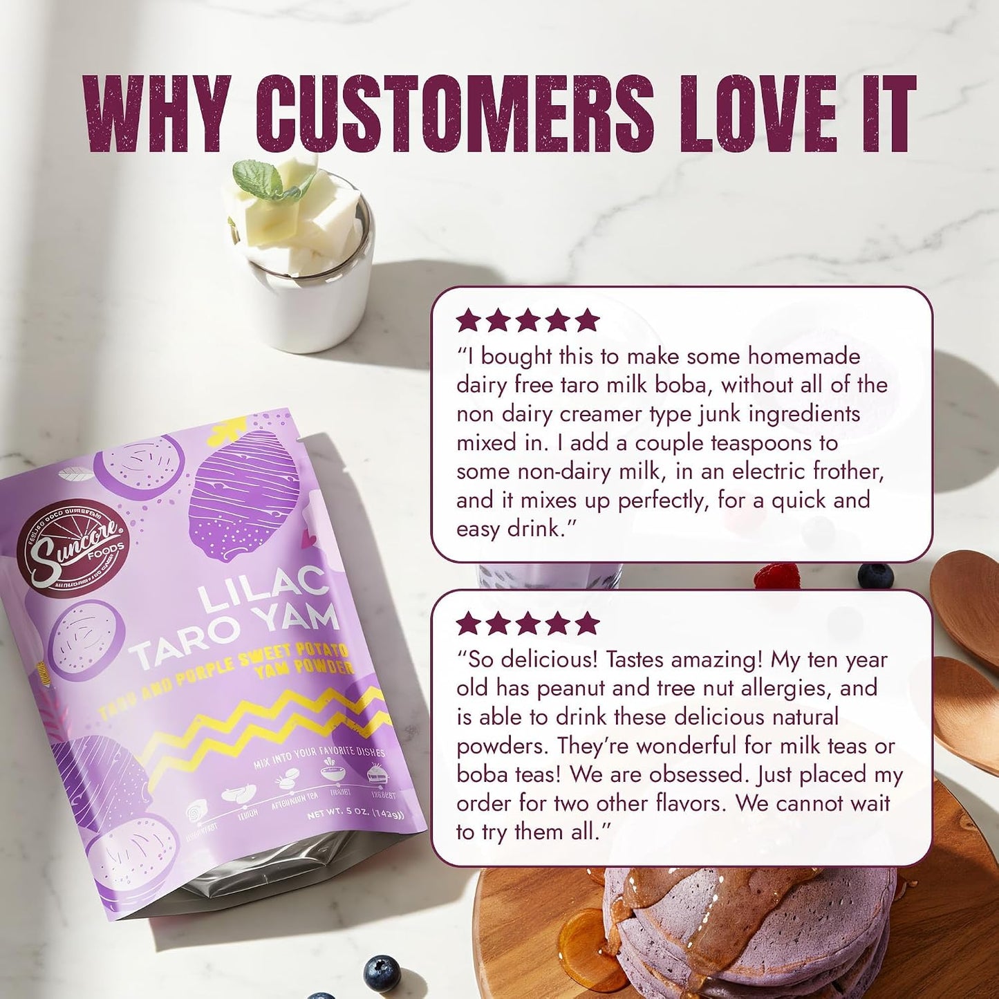 Suncore Foods Lilac Taro Yam Powder 5oz (Purple Sweet Potato) | Gluten Free | Natural Purple Food Coloring, For Baking, Frosting, Desserts, Smoothies, Milk Tea, Boba, Non-GMO, Vegan, Resealable Pouch