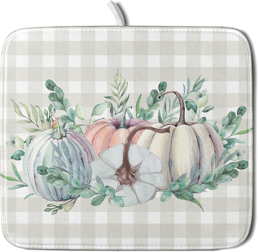 Fall Colorful Pumpkin Dish Drying Mat for Kitchen Counter,Green Leaves Drying Mat with Hanging Loop 16 x 18 Inch Microfiber