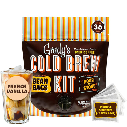 GRADY'S COLD BREW, French Vanilla, 100% Arabica Ground Coffee & Chicory Pouches, All-in-One Cold Brew Kit with 12